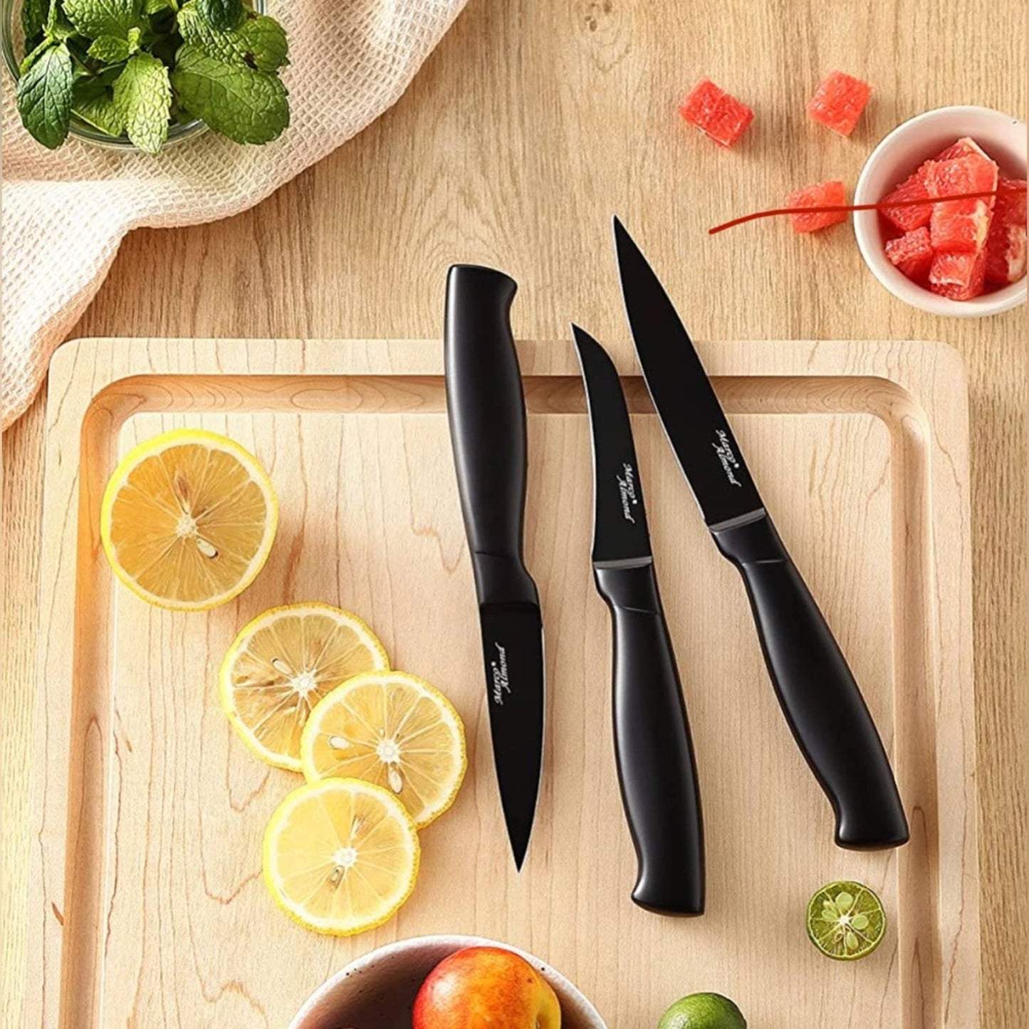 Marco Almond® Dishwasher Safe MA23 Black Kitchen Knife Set, 17 Pieces Stainless