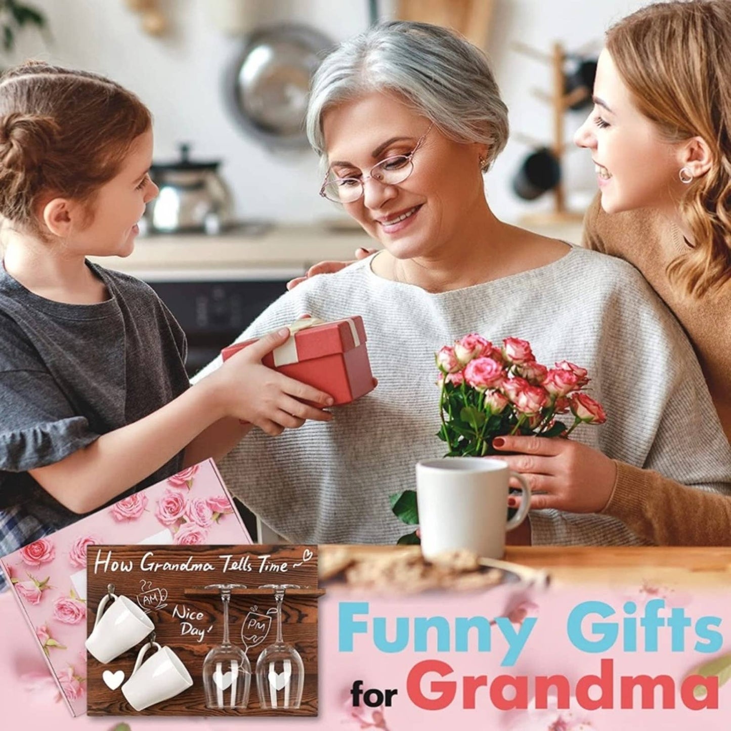 Funistree Gifts for Grandma from Grandkids, Mug Rack Wine Glass Holder