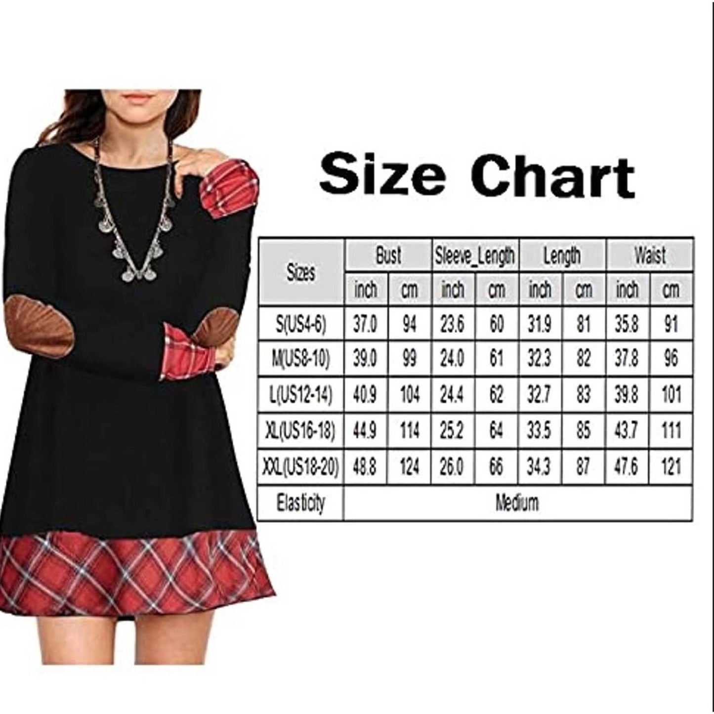 Women's Casual Sweater Tunic Dress Long Sleeve Plaid Patchwork Sweater Dress 2pc