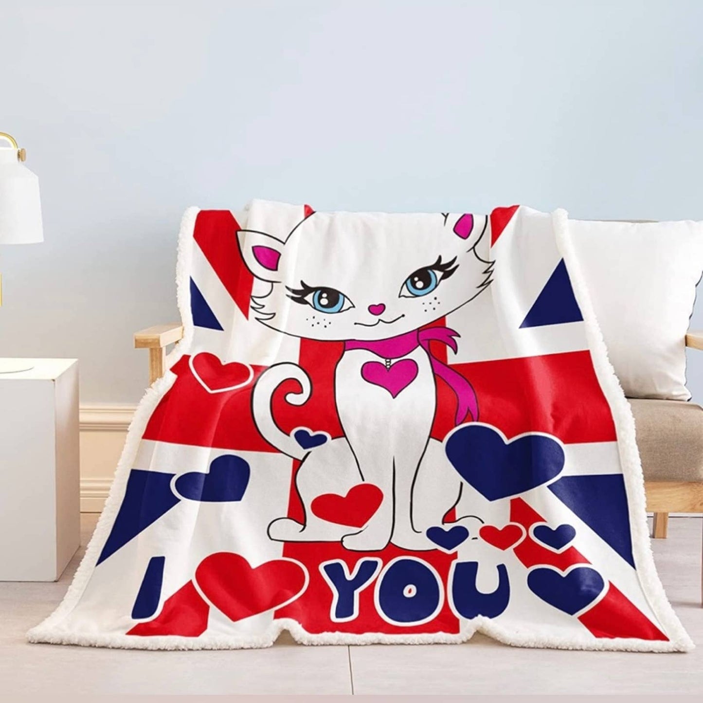 SOULZZZ Fuzzy Cat Sherpa Blanket Throw (British White Cat, 50x60 Inches)