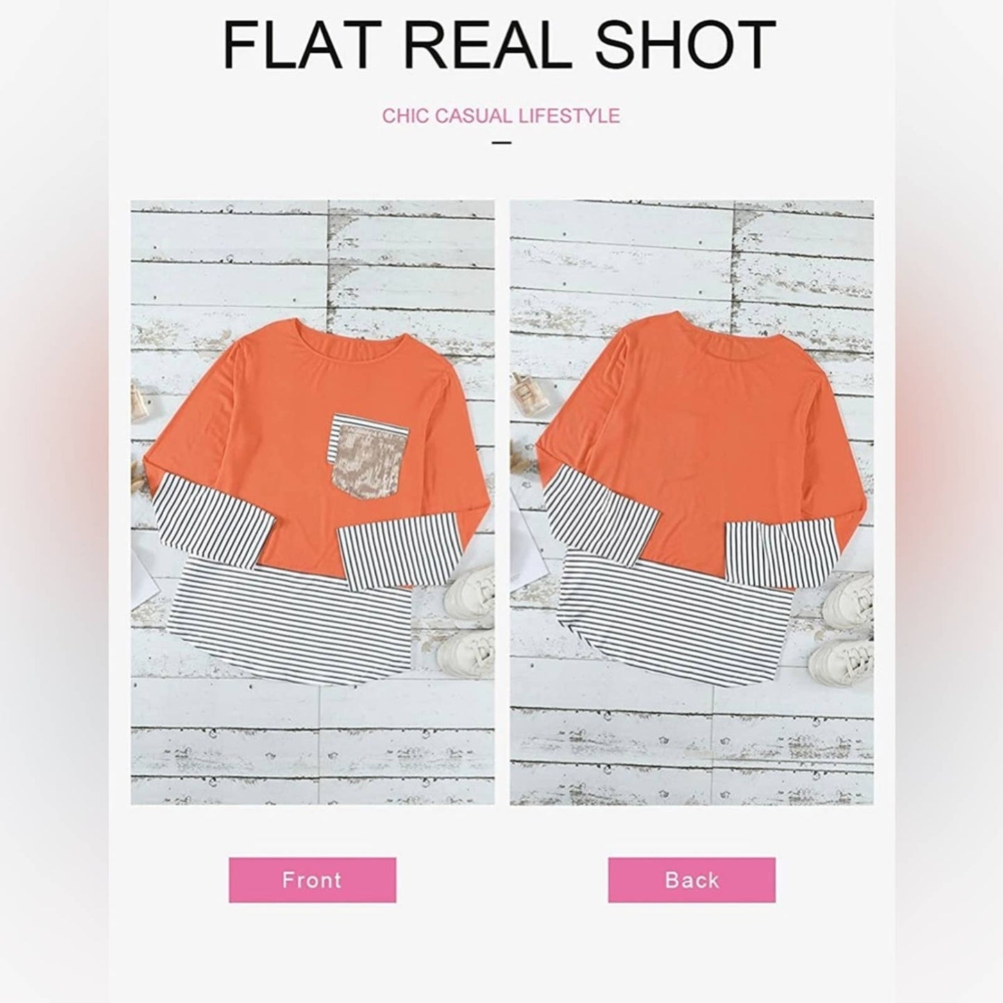 Women's Fashion Printed Orange Block Long Sleeve Tops Patch Pocket Tunic LG