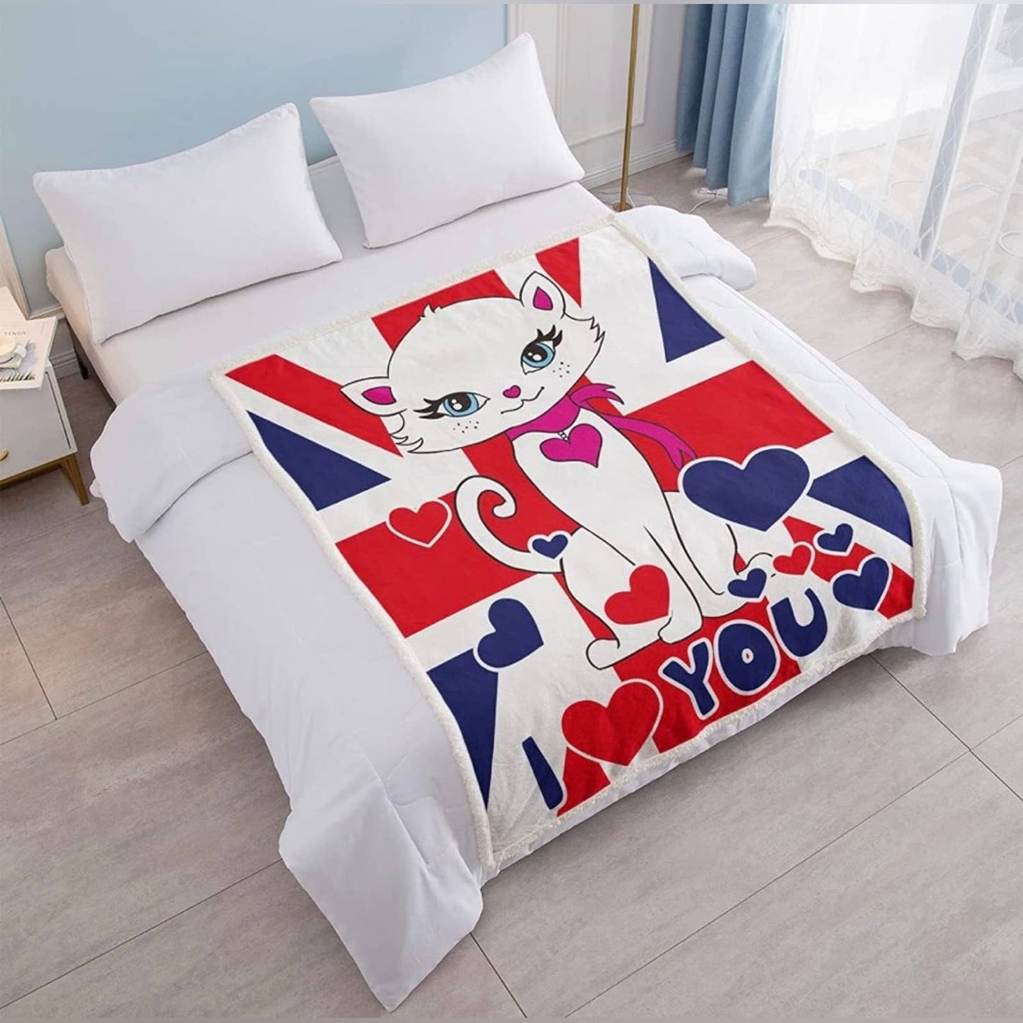 SOULZZZ Fuzzy Cat Sherpa Blanket Throw (British White Cat, 50x60 Inches)