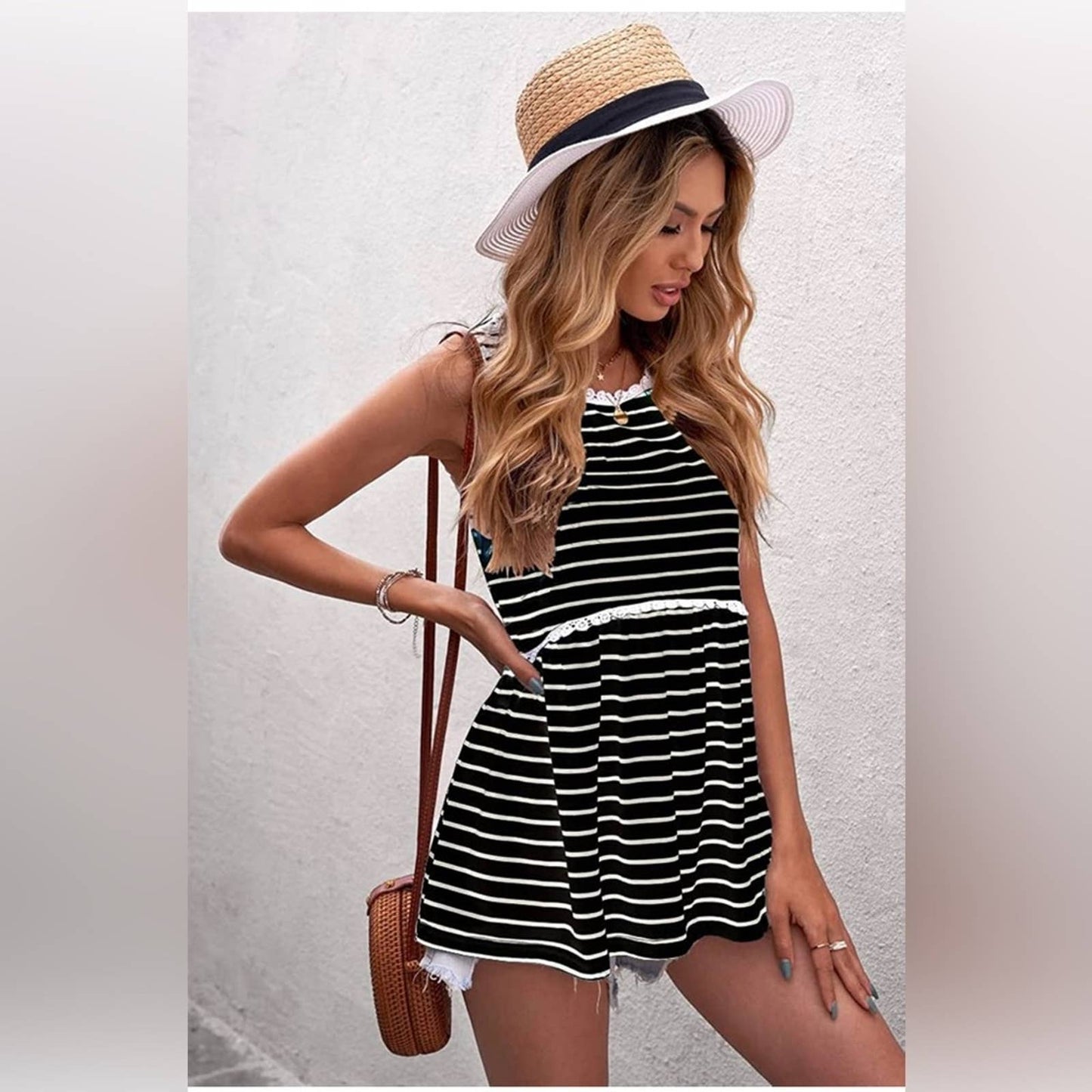 ZHUOFEI Women's Summer Casual Tshirt Lace Tank Tops Sleeveless Striped Large