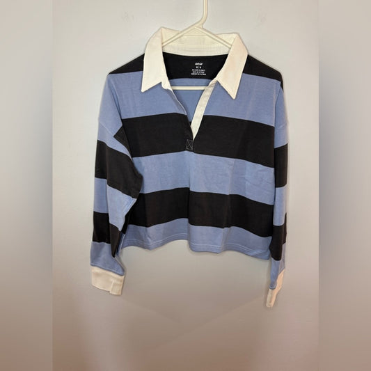 BNWT MD Aerie Blue Striped Collared Cropped Long Sleeve Shirt