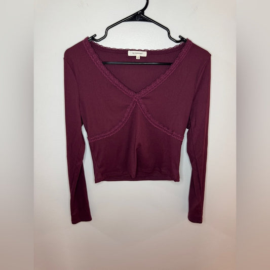 Pre-Owned MD No Comment Cropped Maroon Ribbed Lace Long Sleeve Shirt