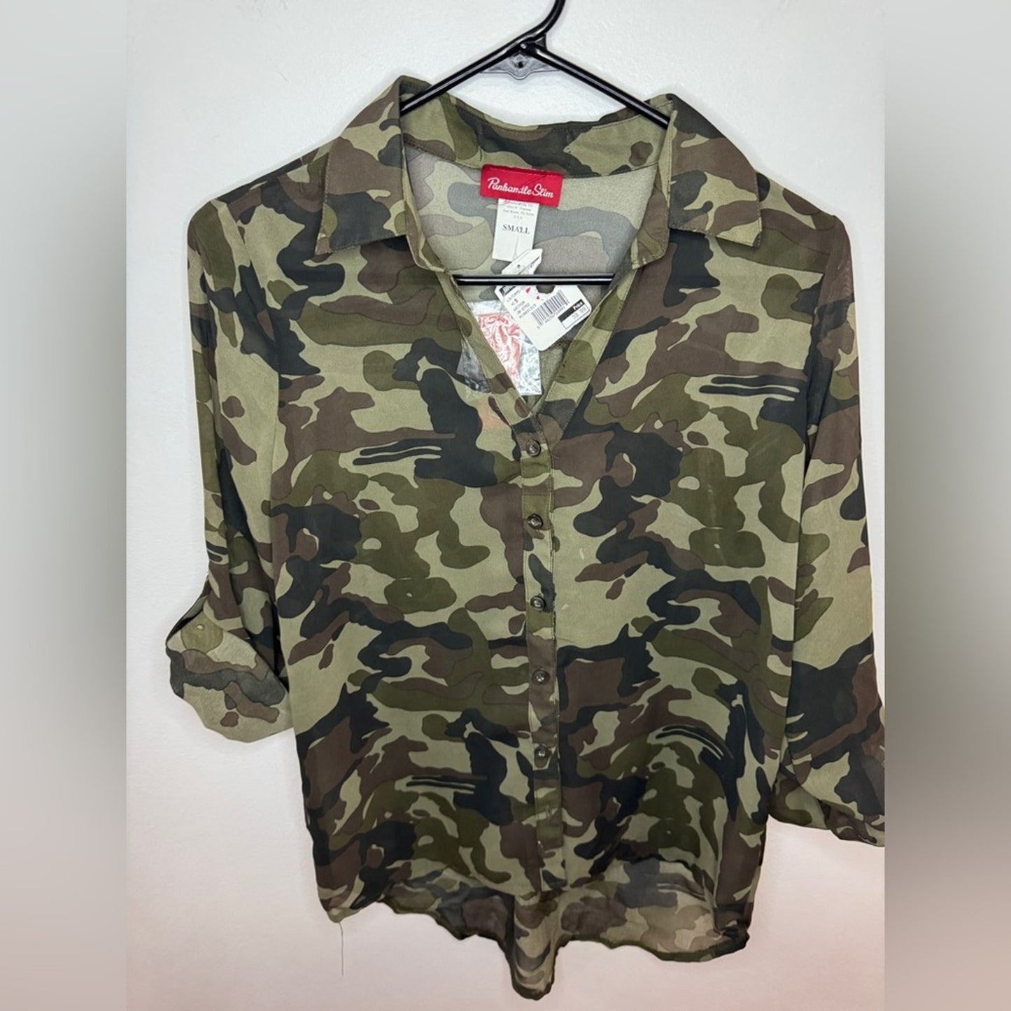 NWT SM Panhandle Slim Green Camo See Through Button Up Top