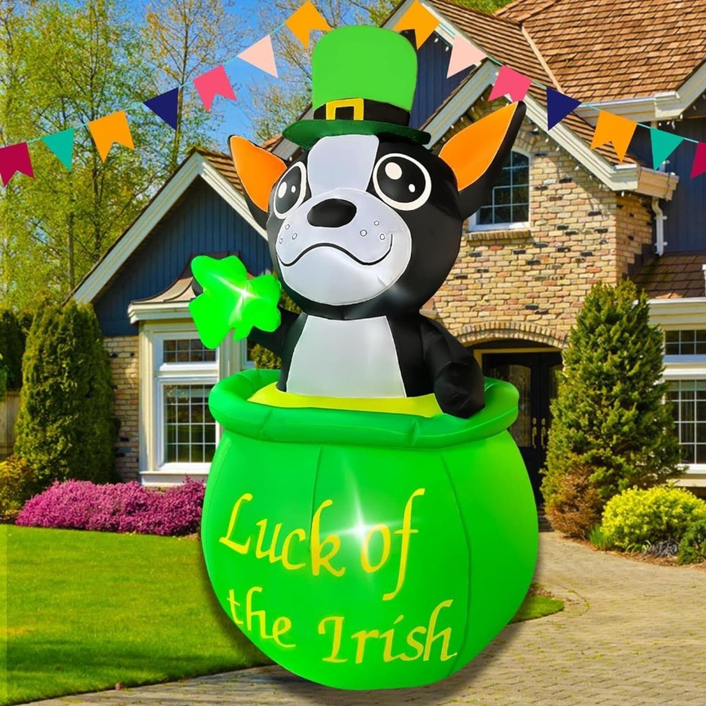 5Ft Inflatable St Patricks Day Bulldog Hold Shamrock LED Light Up Blow up