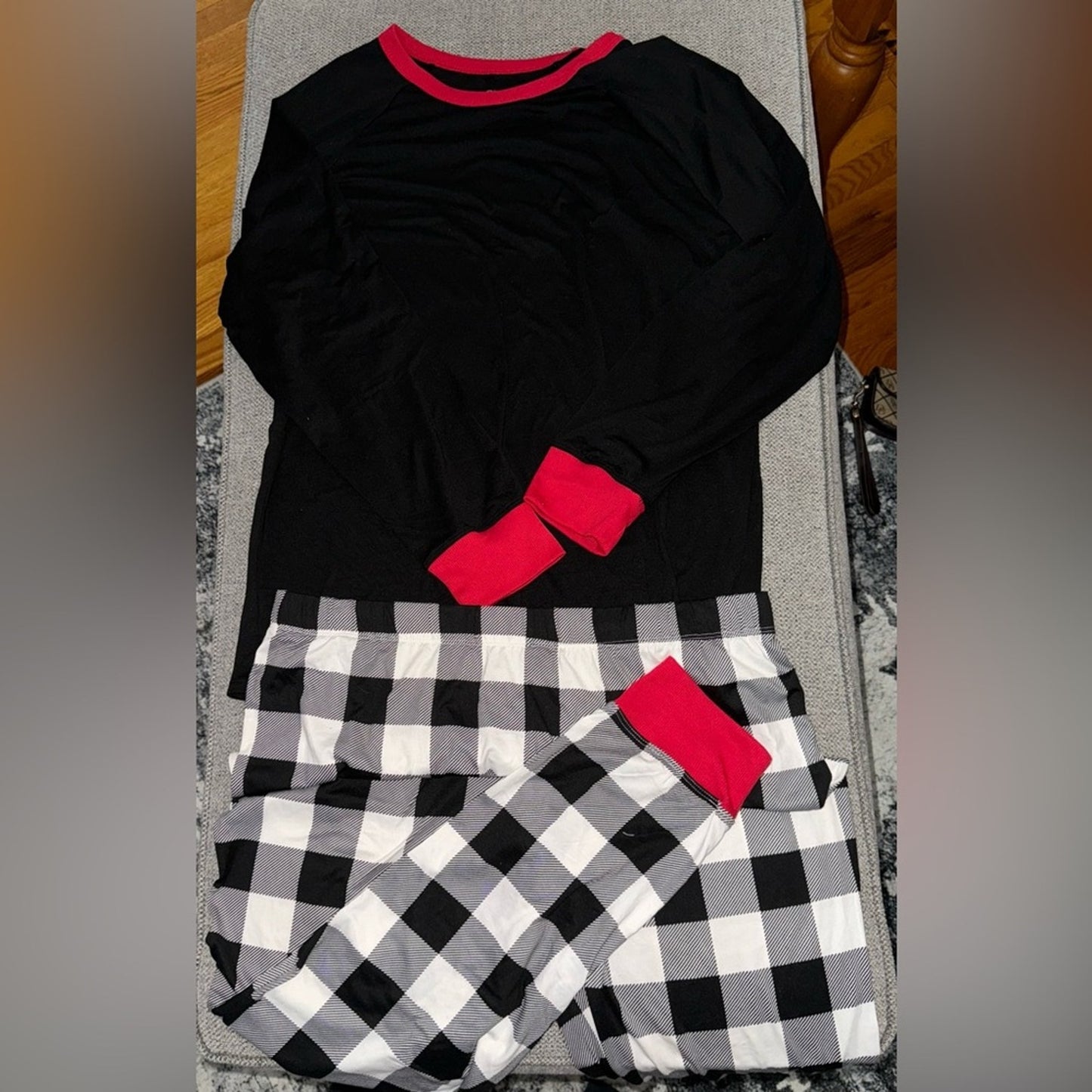 LG Holiday Time Black and Red Long Sleeve Pajama Top & Plaid Check Bottoms Set