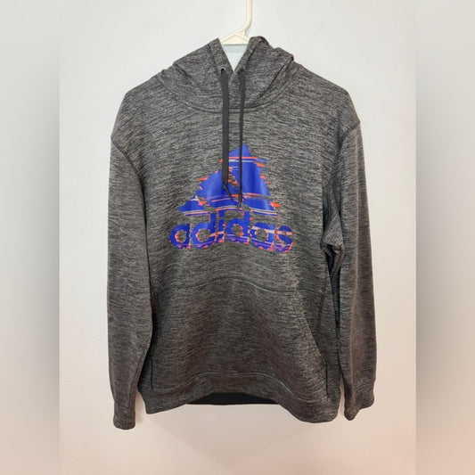 Pre-Owned LG Adidas Heather Grey Climawarm Fleece Glitch Graphic Hoodie