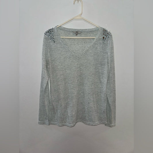 Pre-Owned SM BKE Heather Grey Crystal Shoulders V-Neck Long Sleeve Shirt