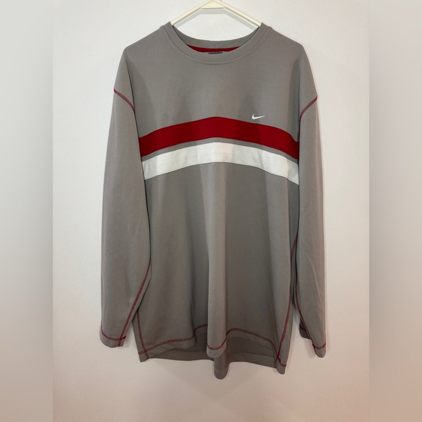 XXL Nike Vintage Grey with Red and White Stripe Heavyweight Long Sleeve Shirt