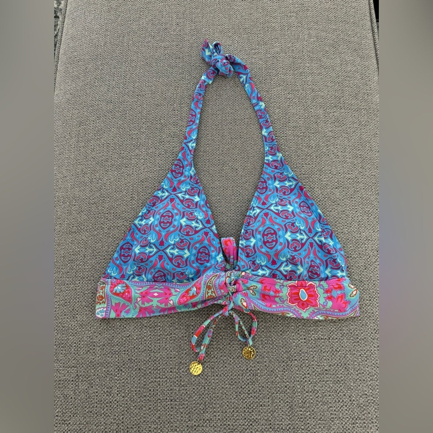 Pre-Owned Size 8 Bleu Rod Beattie blue and pink Patterned Triangle Bikini Top