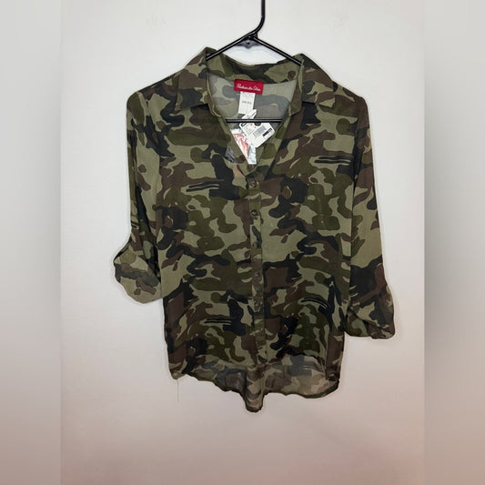 NWT SM Panhandle Slim Green Camo See Through Button Up Top