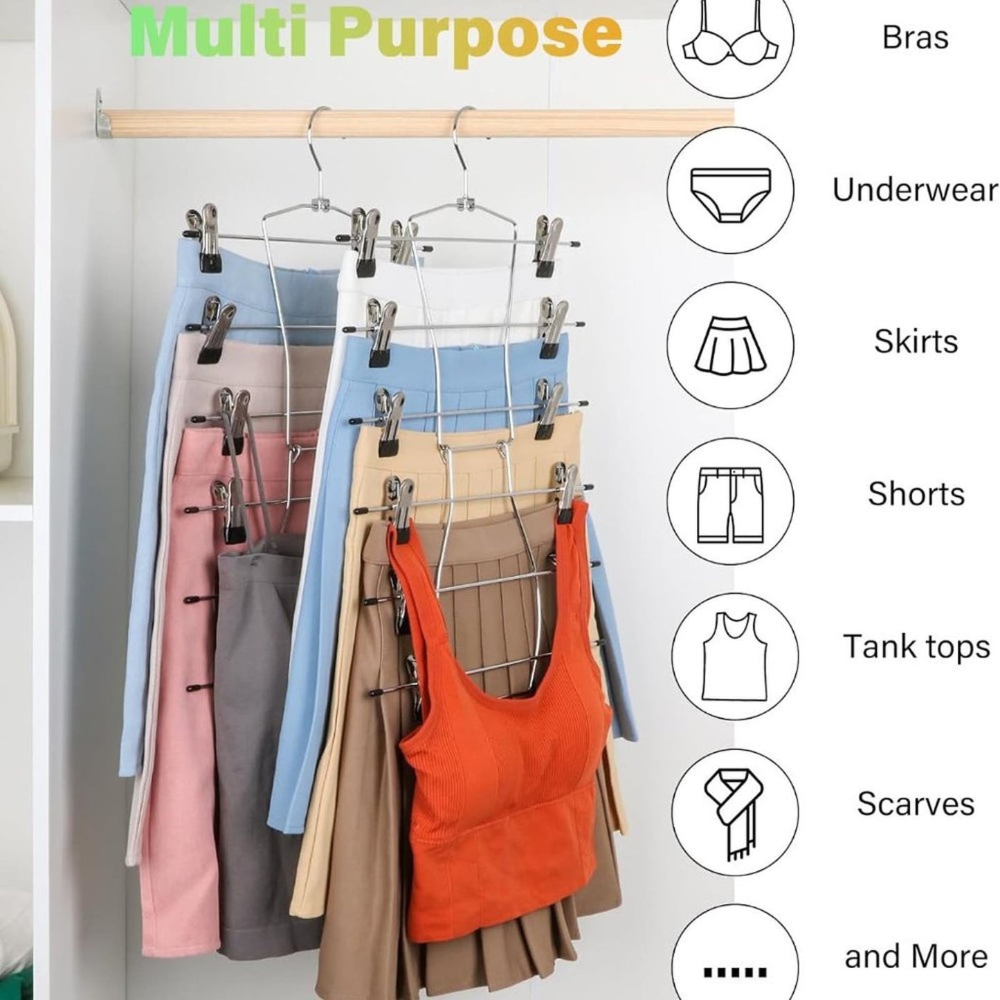 Pants Hangers Space Saving, 3 Pack Metal 6 Tier Skirt Hangers with Clips