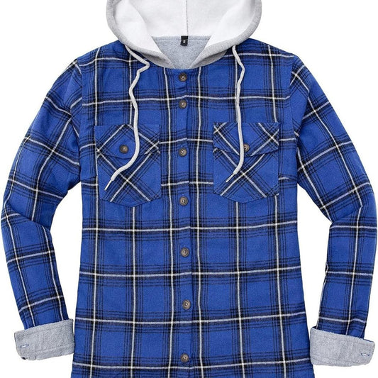 Womens Fleece Hooded Flannel Shirts Plaid Button Down Flannel Shirt Hoodie MD