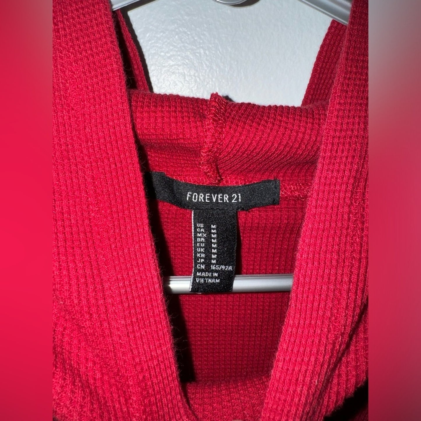 Pre- Owned MD Forever 21 Red Waffle Knit Cropped Hooded Long Sleeve Shirt