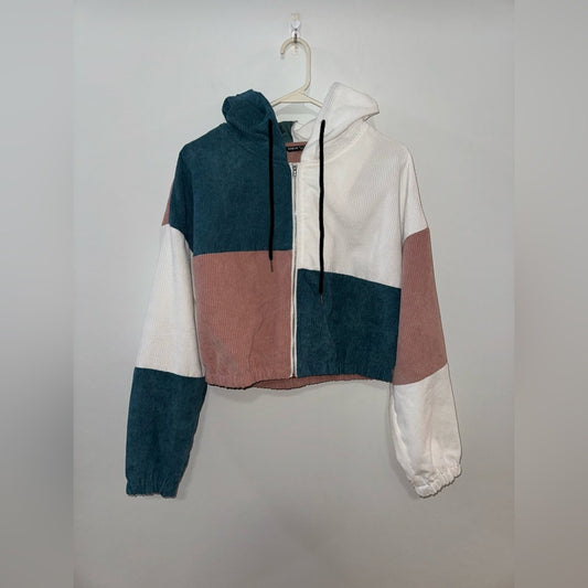 NWT LG SHEIN Multicolor Patchwork Cropped Corduroy Zip Up Hoodie