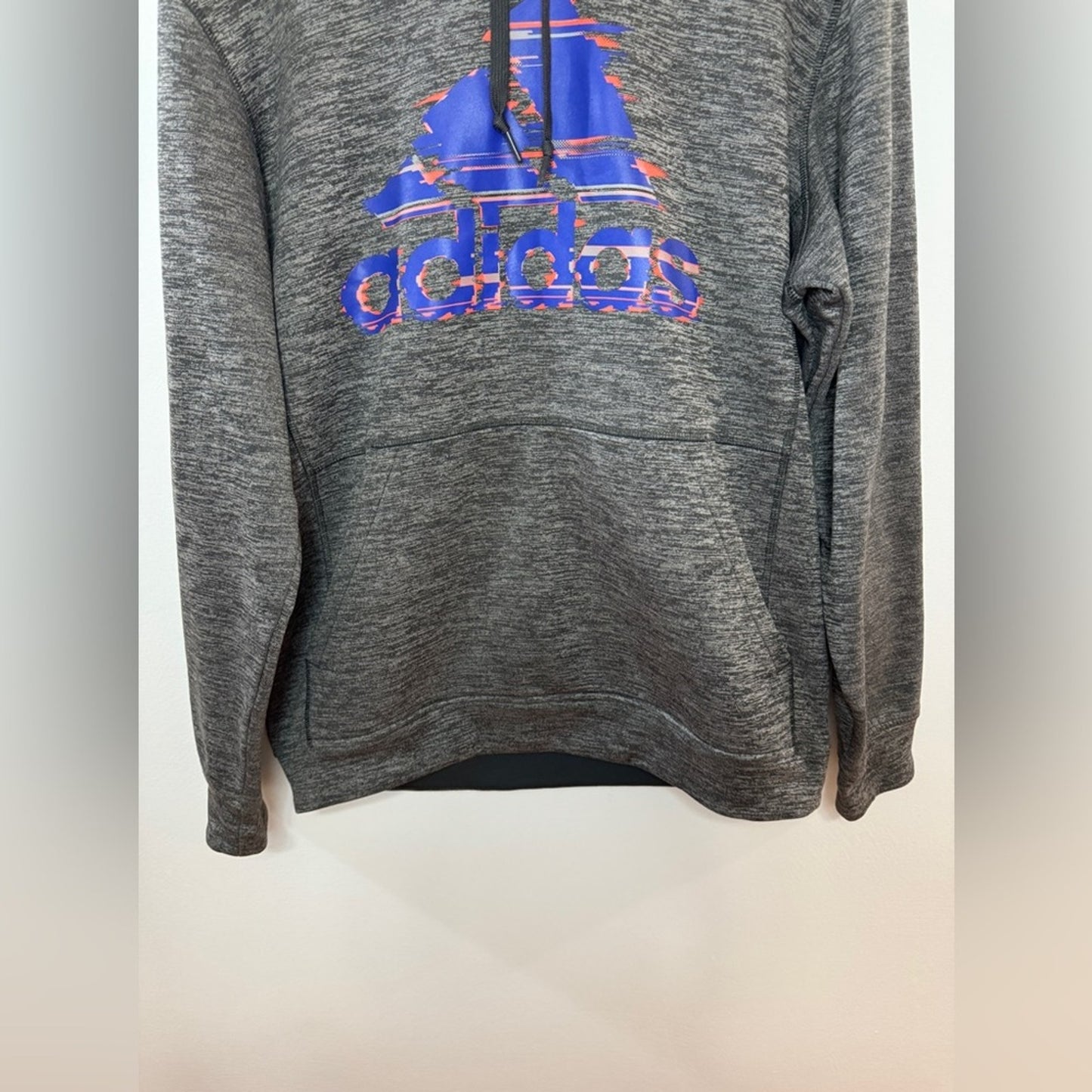 Pre-Owned LG Adidas Heather Grey Climawarm Fleece Glitch Graphic Hoodie