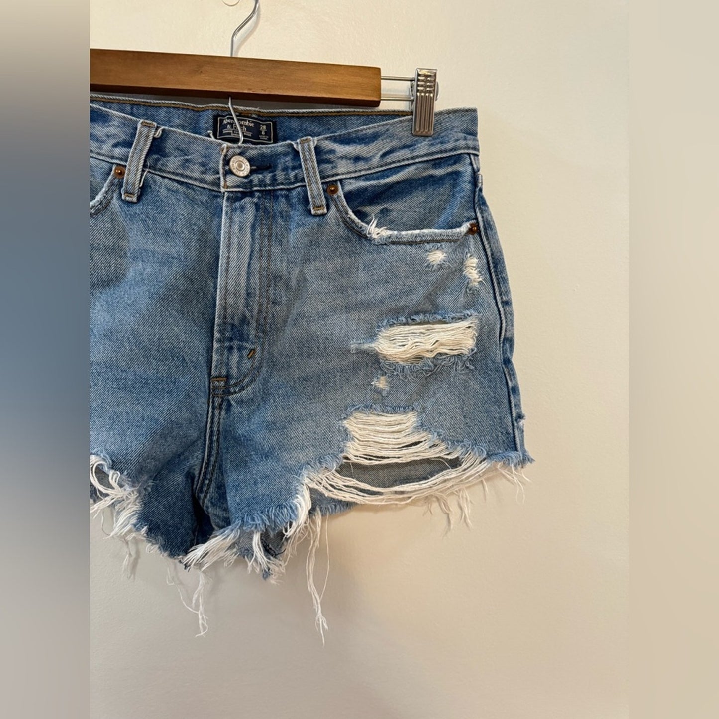 Size 6 Abercrombie & Fitch Light Blue Distressed Annie High Rise Jean Shorts