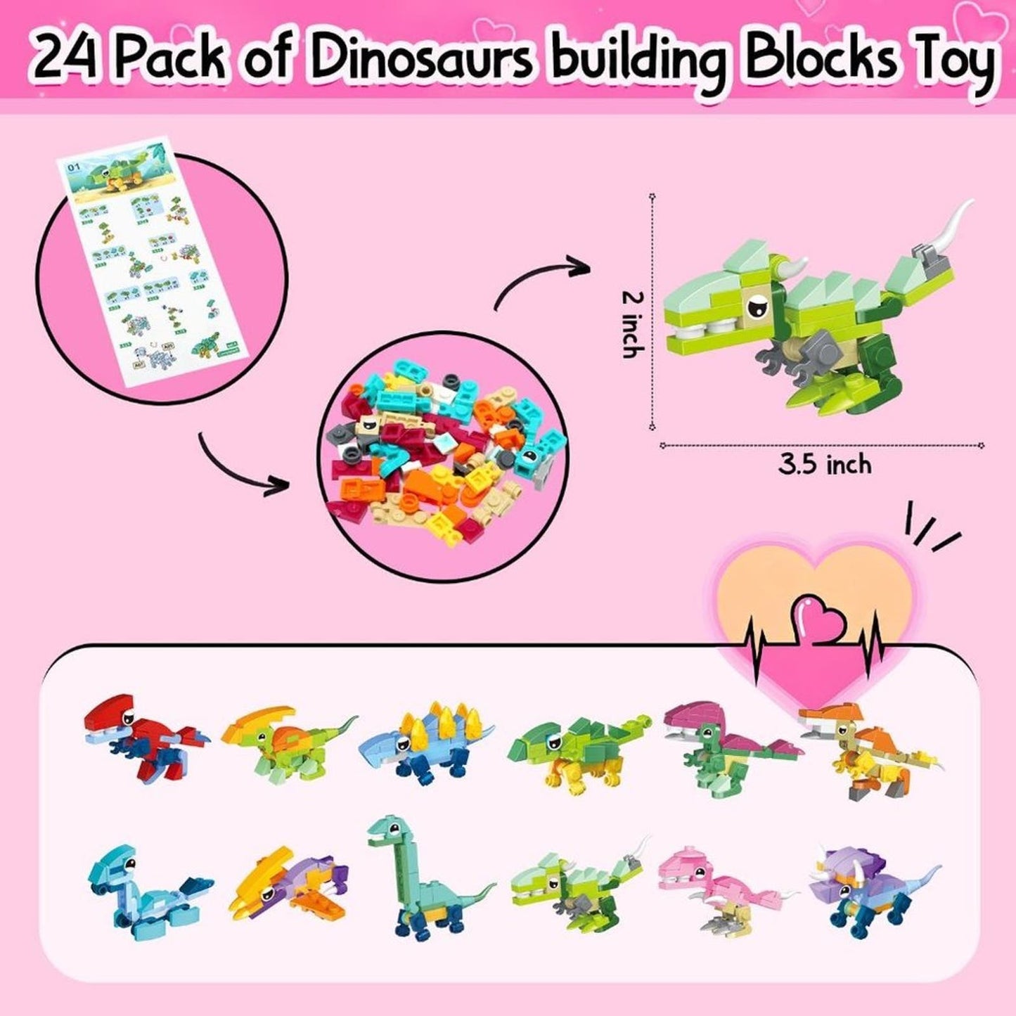 HOLYFUN 24 Pack Valentines Day Gifts for Kids, Dinosaur Building Block with Card