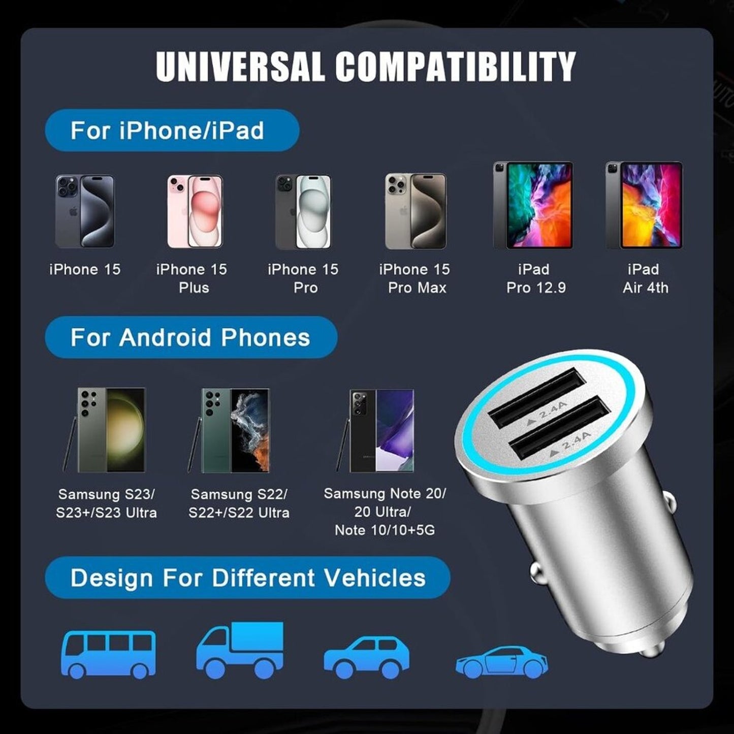 iPhone 15 Fast Car Charger, [MFi Certified] Mini 4.8A All Metal Dual USB BLACK