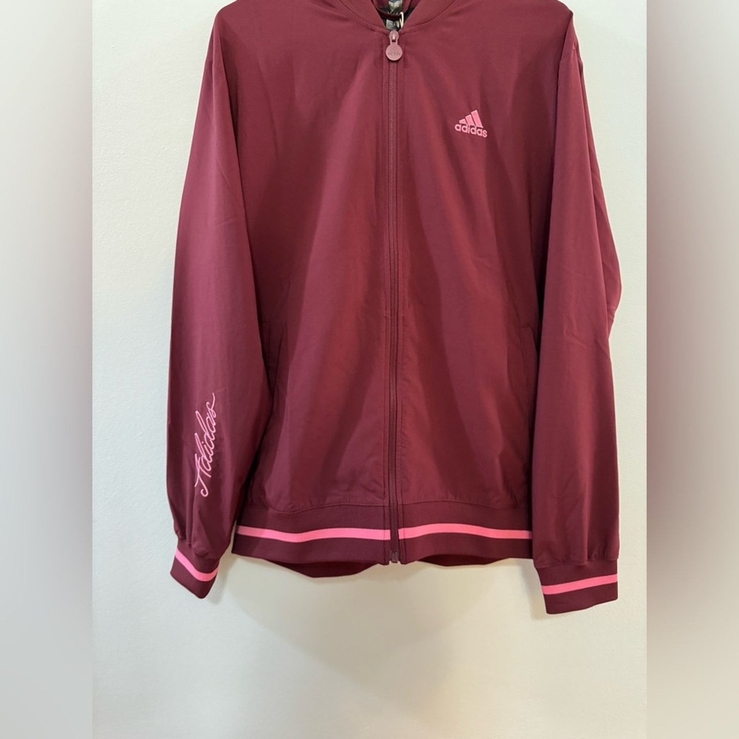 NWT MD Adidas Shadow Red and Pink Embroidered Zip Up Jacket