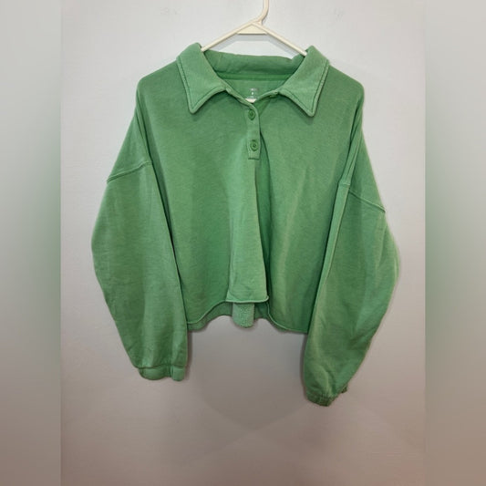 Pre-Owned MD Aerie Green Oversized Cropped Button Up Collared Sweatshirt