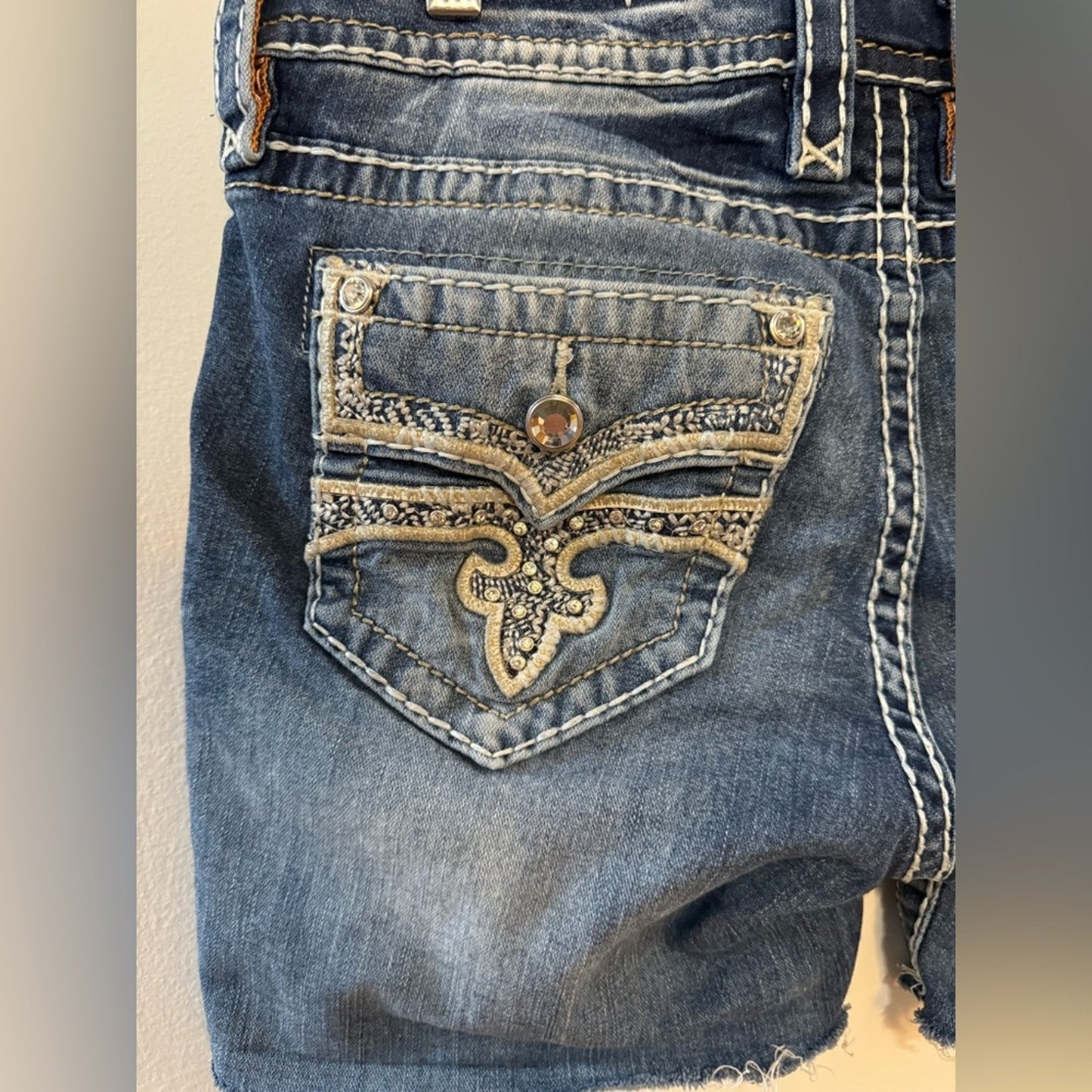 Size 28 Rock Revival Blue Jena Easy Skinny Rhinestone Embellished Jean Shorts