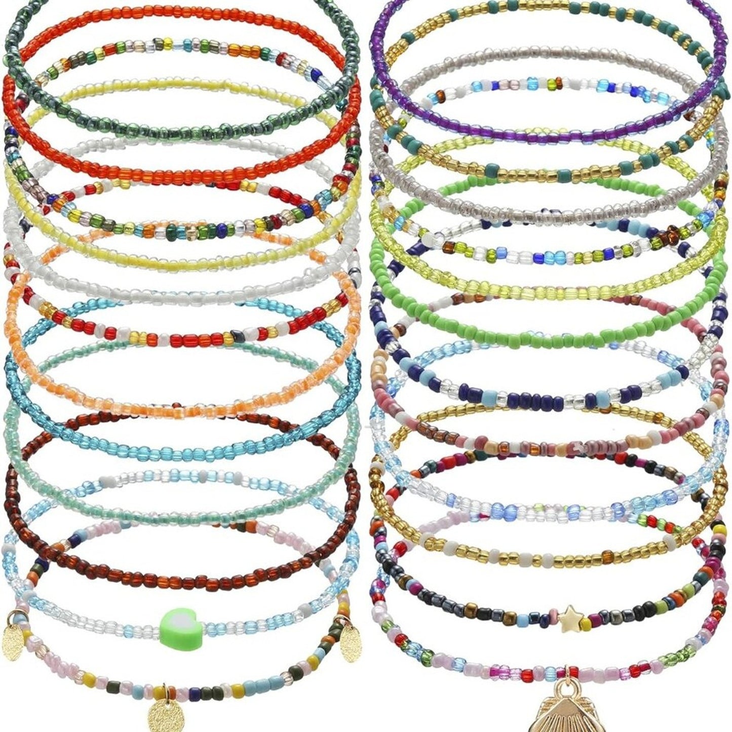 24pk Beaded Anklets for Women Handmade Boho Elastic Beaded Ankle Bracelets Set