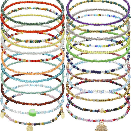 24pk Beaded Anklets for Women Handmade Boho Elastic Beaded Ankle Bracelets Set