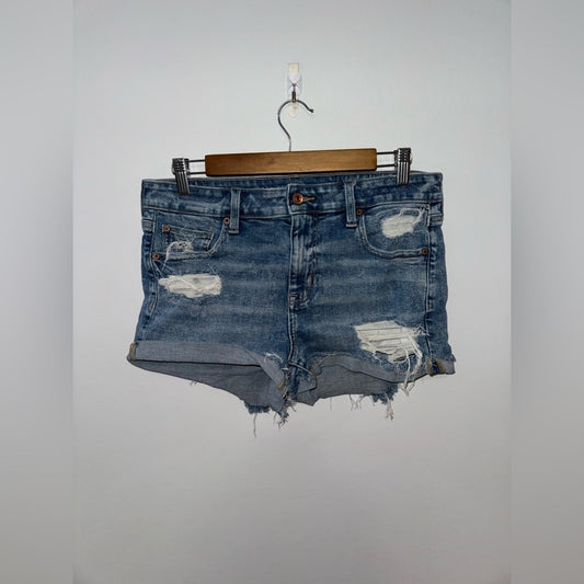 Pre-Owned Sz 10 American Eagle Light Blue Distressed Hi-Rise Shortie Jean Shorts