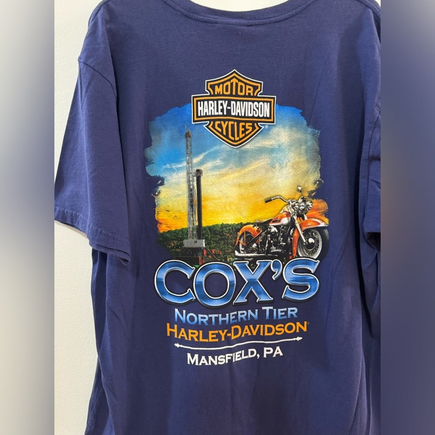 XL Harley Davidson Blue Cox’s Northern Tier Mansfield, PA Graphic s/s T-Shirt