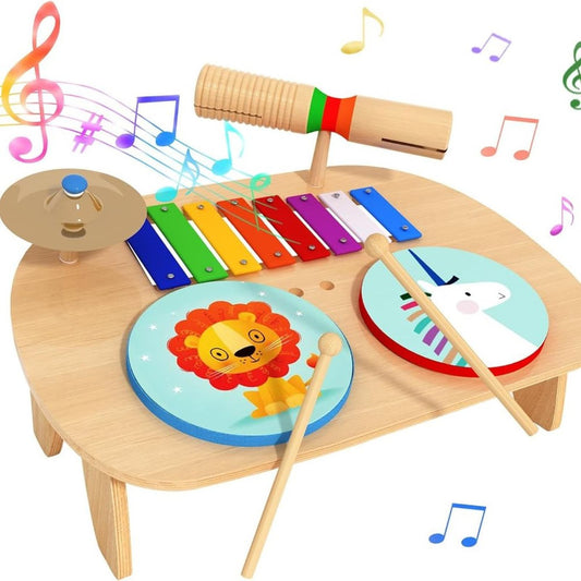 Kids Drum Set, Baby Musical Instruments Toys for Toddlers, 7 in 1 Wooden Xylopho