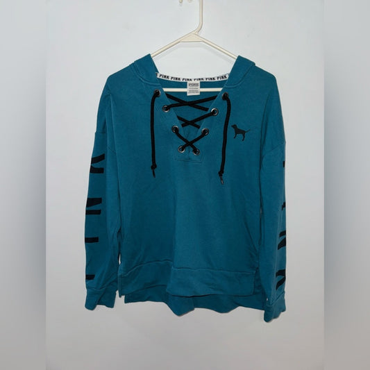 Pre-Owned SM PINK Victoria’s Secret Lace Up Teal Graphic Hooded Sweatshirt