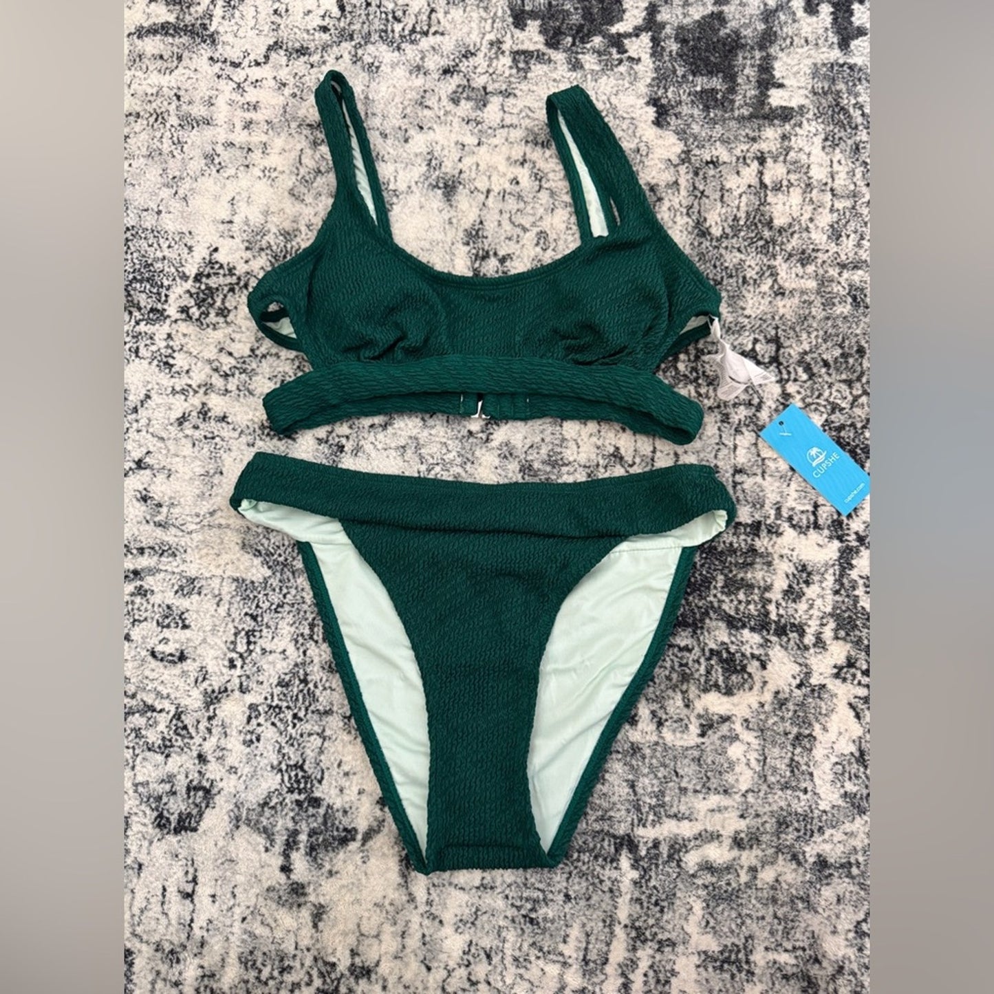 BNWT SM Cupshe Green Textured Bikini Top and Bottom Set