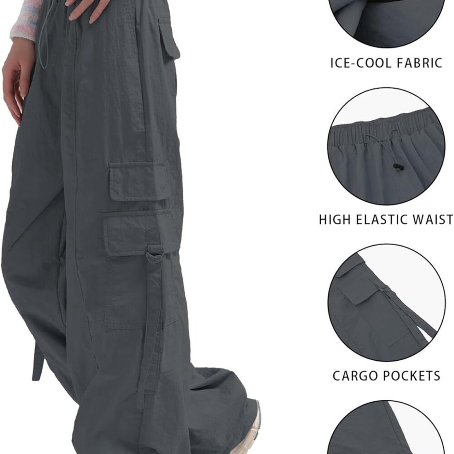 Women Quick-Dry Cargo Pants Y2K Wide Leg Baggy Pants Lightweight Hiking Pants MD