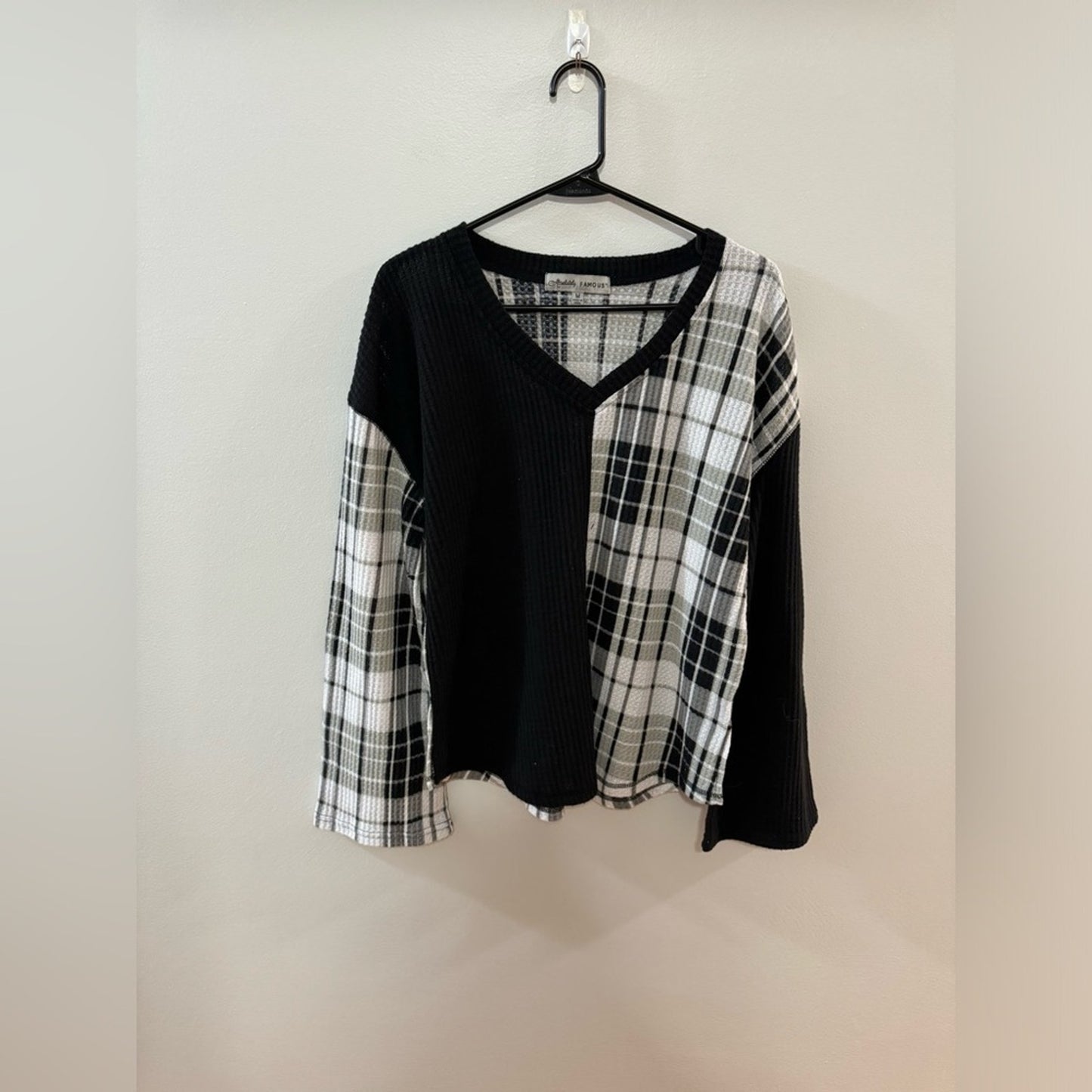 NWT MD Almost Famous Split Plaid Waffle Knit Long Sleeve Shirt