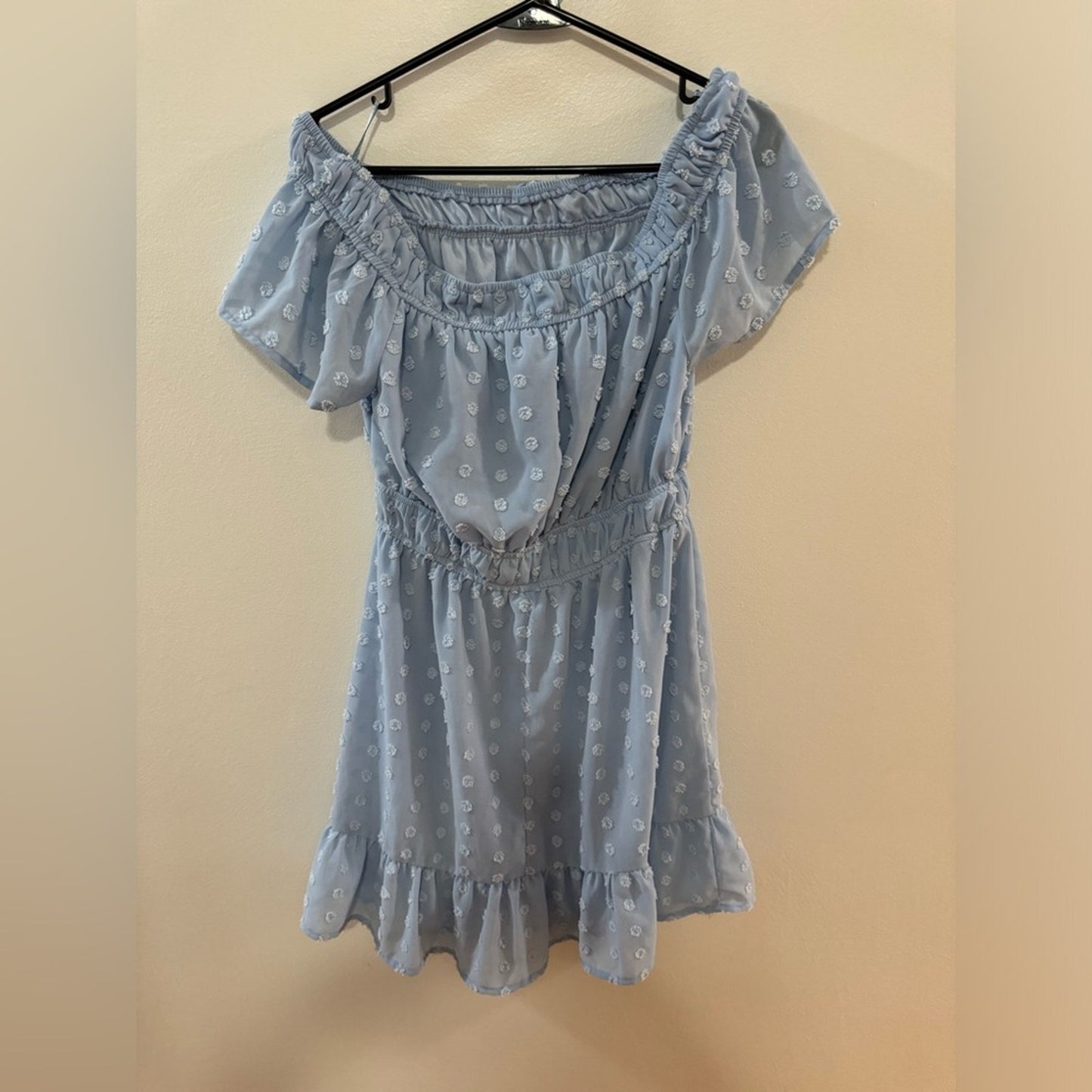 NWT LG Indulge InStyle Blue Polka Dot Off the Shoulder Dress