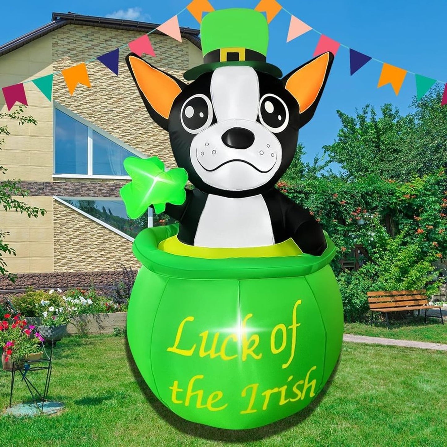 5Ft Inflatable St Patricks Day Bulldog Hold Shamrock LED Light Up Blow up