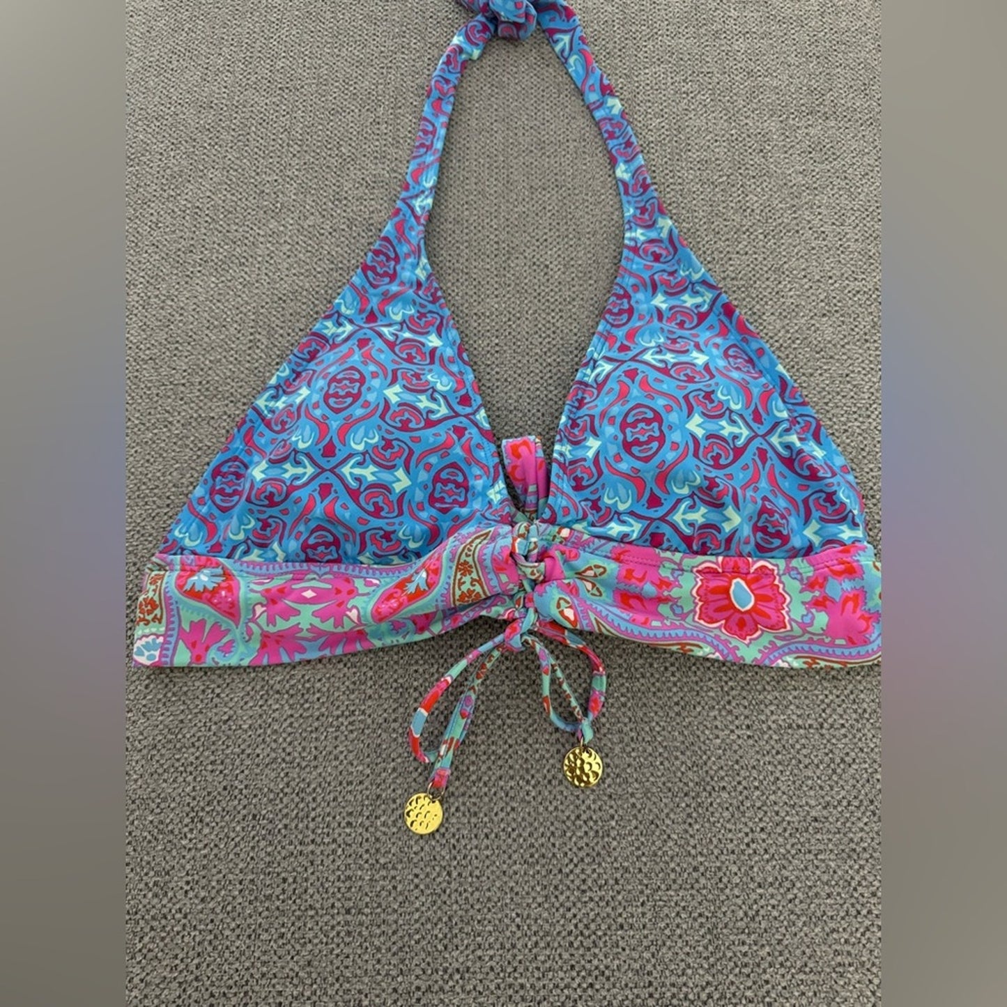 Pre-Owned Size 8 Bleu Rod Beattie blue and pink Patterned Triangle Bikini Top