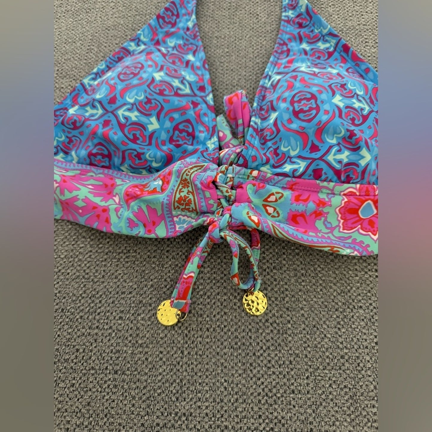 Pre-Owned Size 8 Bleu Rod Beattie blue and pink Patterned Triangle Bikini Top