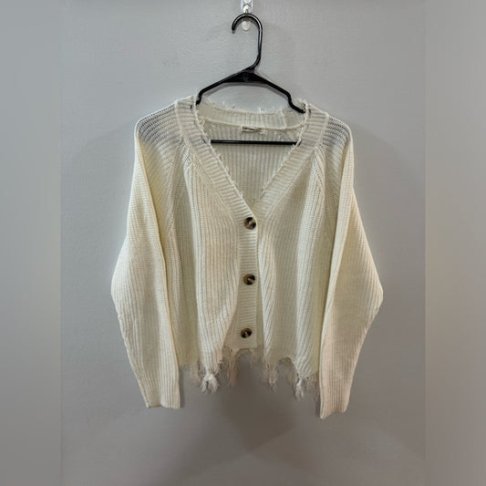 Pre-Owned MD Full Circle Trends White Button-Up Distressed Cardigan