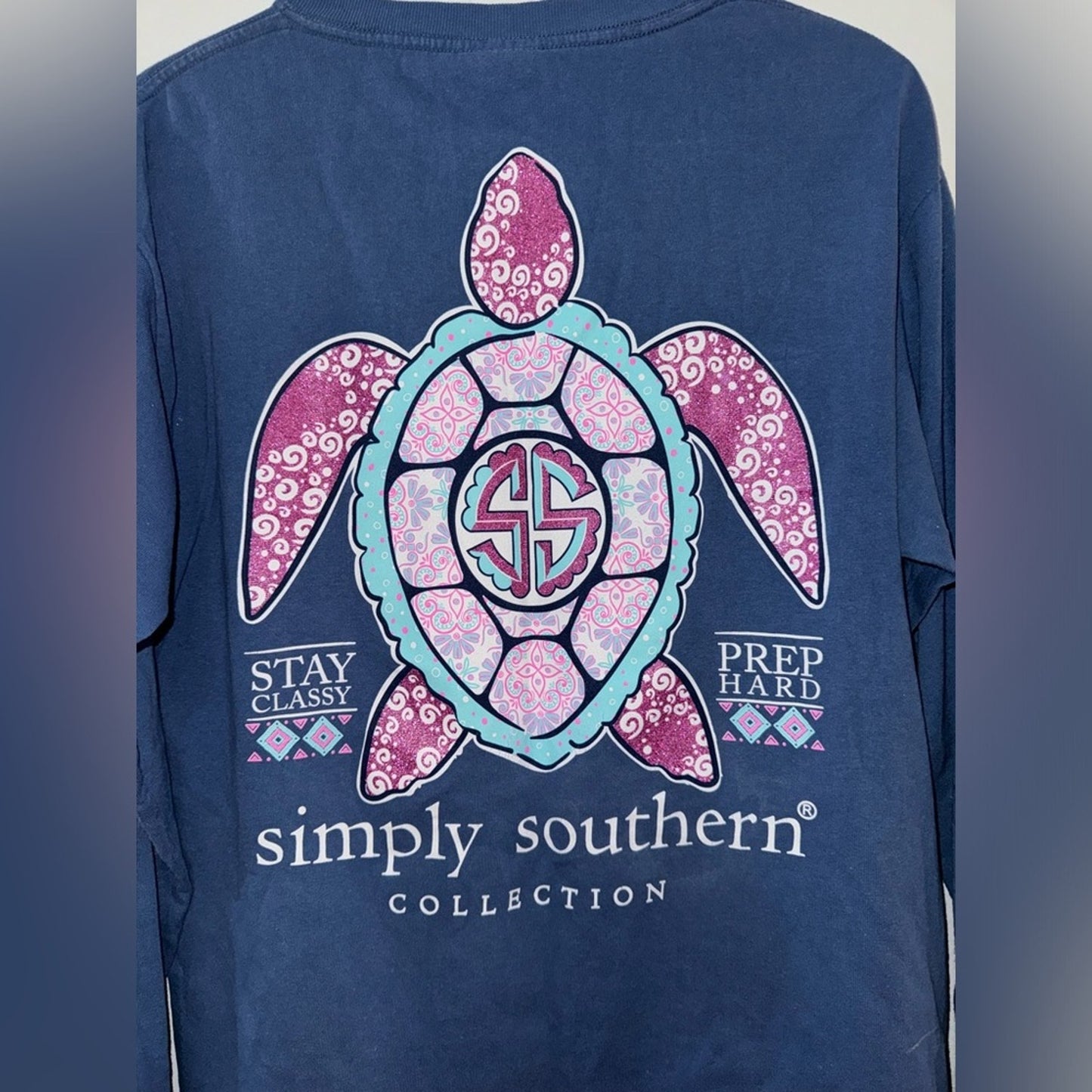 Pre-Owned MD Simply Southern Blue Sparkle Turtle Long Sleeve Shirt