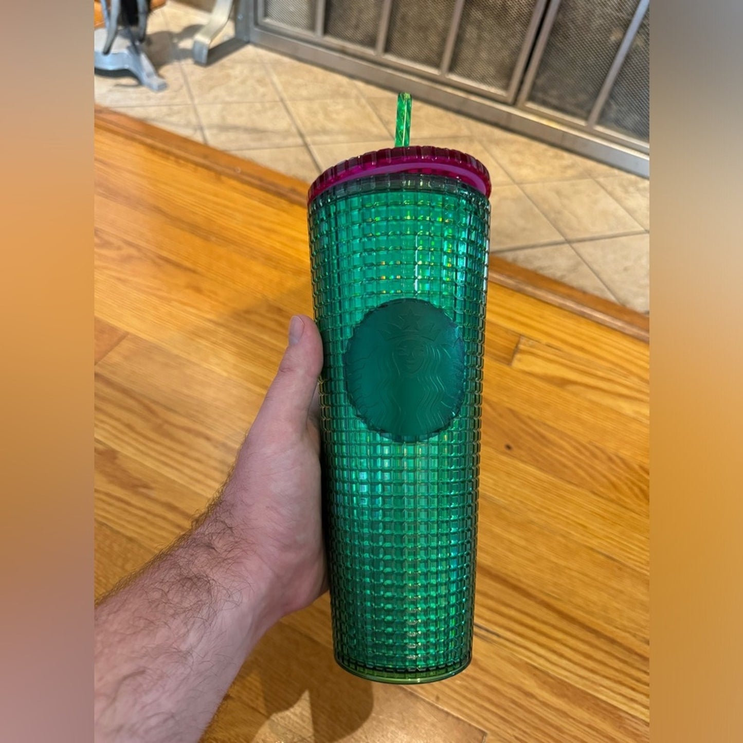 Pre-Owned Starbucks Spring 2023 Watermelon Green Grid Pink Lid Tumbler