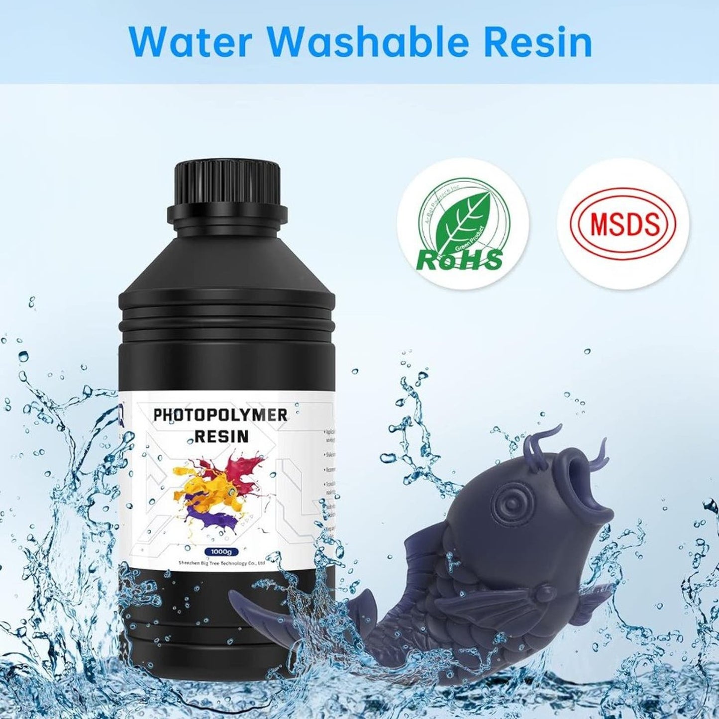 BIQU Water Washable Resin, 405nm Rapid UV Curing Standard Photopolymer Smoky Blk