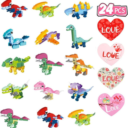 HOLYFUN 24 Pack Valentines Day Gifts for Kids, Dinosaur Building Block with Card