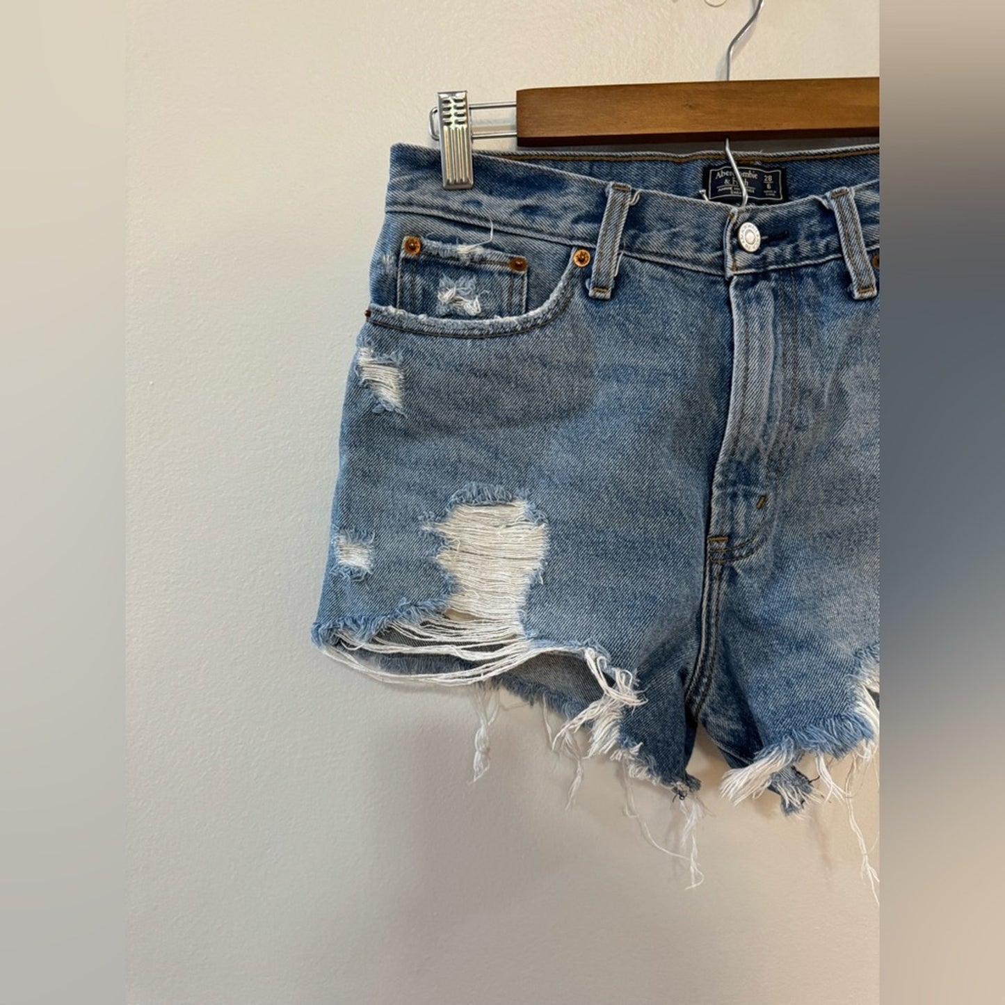 Size 6 Abercrombie & Fitch Light Blue Distressed Annie High Rise Jean Shorts