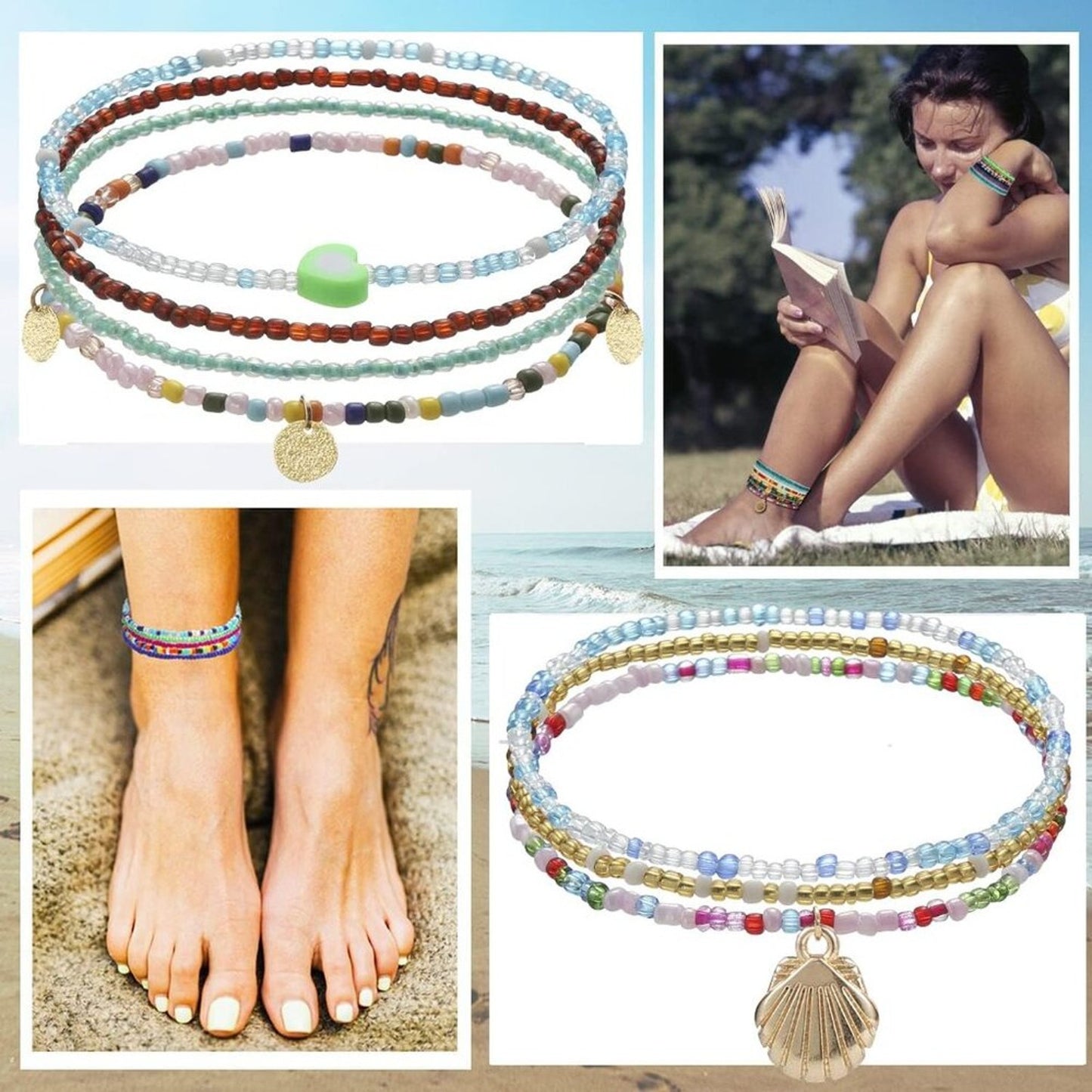 24pk Beaded Anklets for Women Handmade Boho Elastic Beaded Ankle Bracelets Set