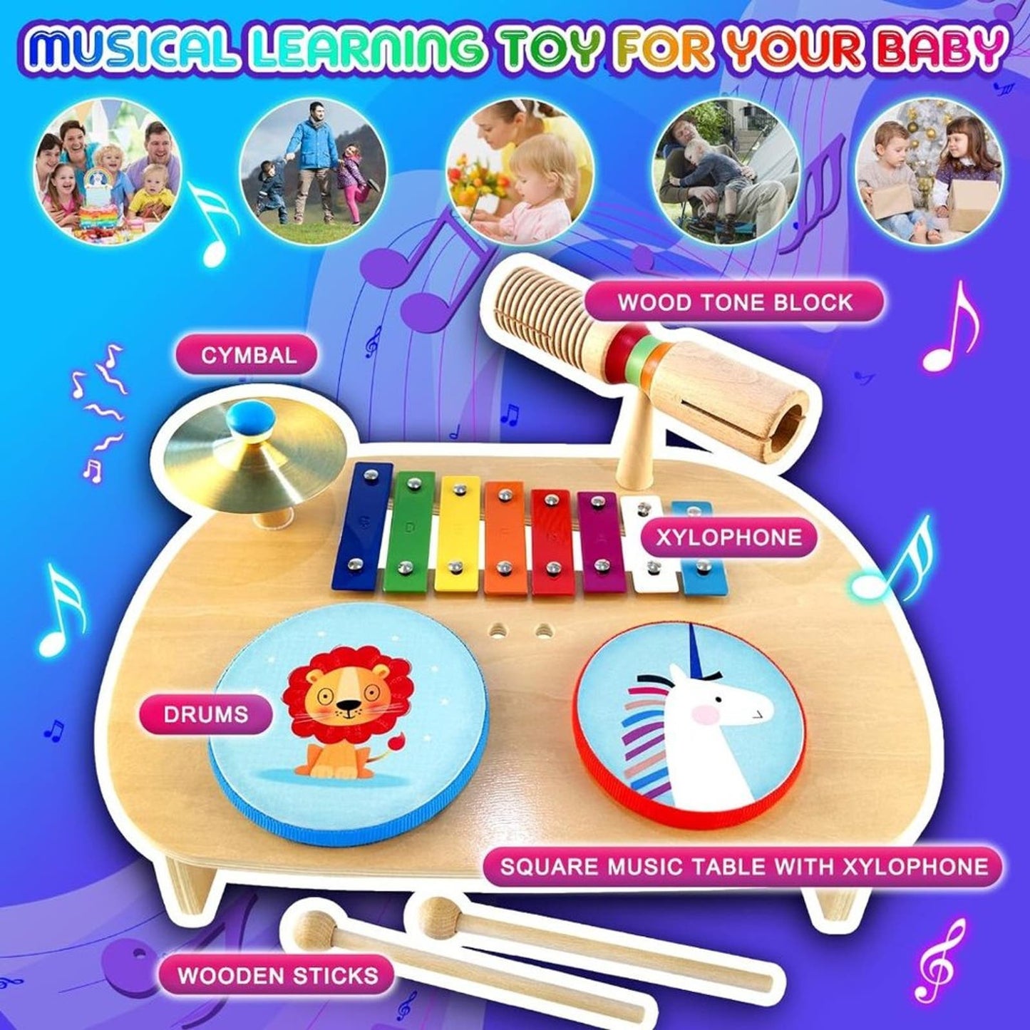 Kids Drum Set, Baby Musical Instruments Toys for Toddlers, 7 in 1 Wooden