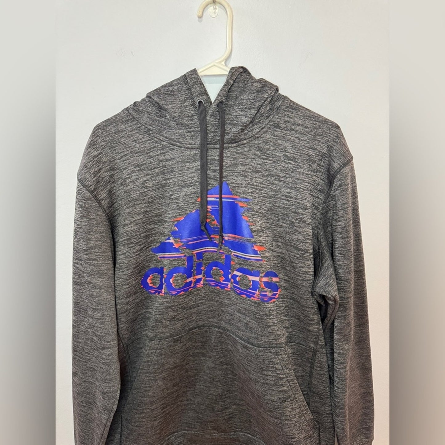 Pre-Owned LG Adidas Heather Grey Climawarm Fleece Glitch Graphic Hoodie